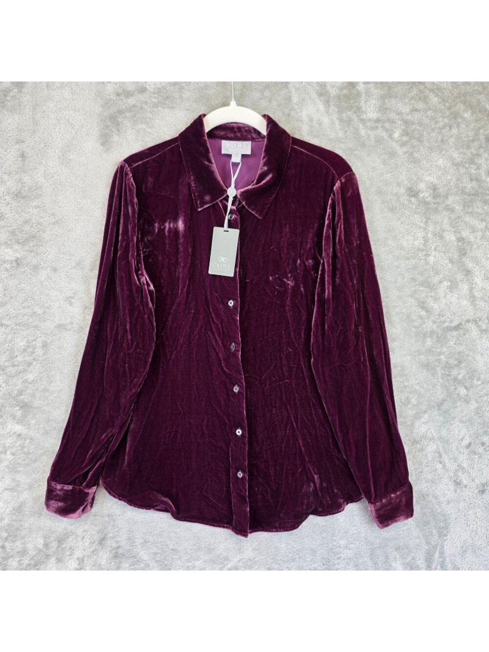 Pure Collection Button Up Shirt Womens 8 Purple Collared Long Sleeve Silk Velvet